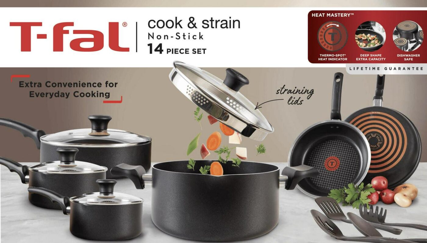T-fal Cook and Strain Nonstick Cookware Set, 14 piece Set, Black, Dishwasher Safe - Image 3