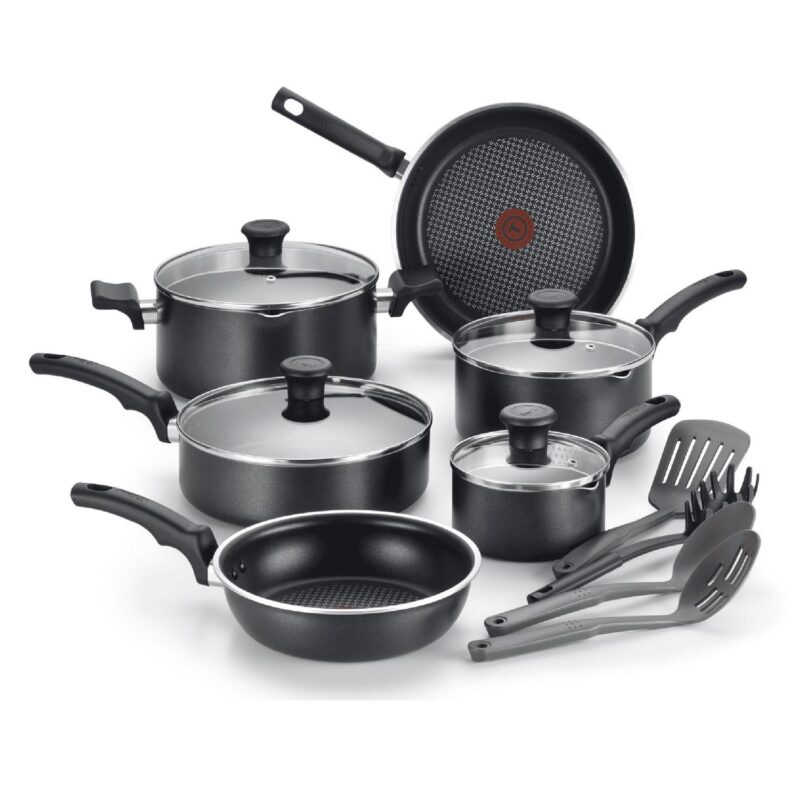 T-fal Cook and Strain Nonstick Cookware Set, 14 piece Set, Black, Dishwasher Safe