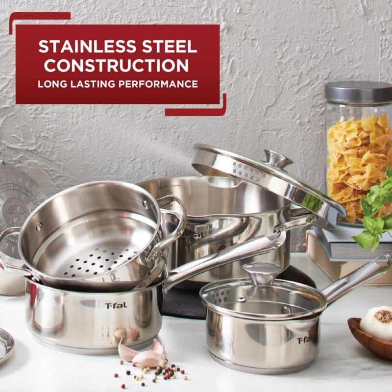 T-fal Cook and Strain Stainless Steel Cookware Set, 14 Piece Set, Dishwasher Safe - Image 3