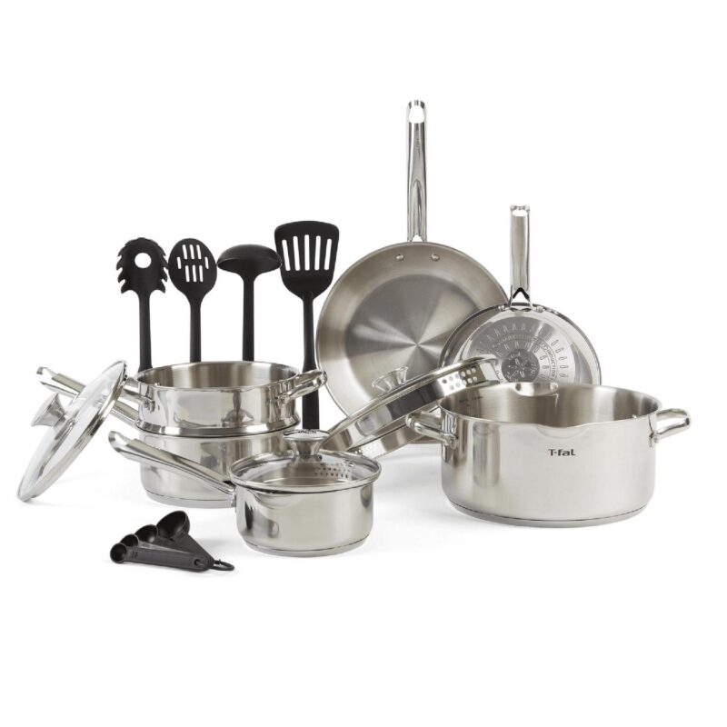 T-fal Cook and Strain Stainless Steel Cookware Set, 14 Piece Set, Dishwasher Safe