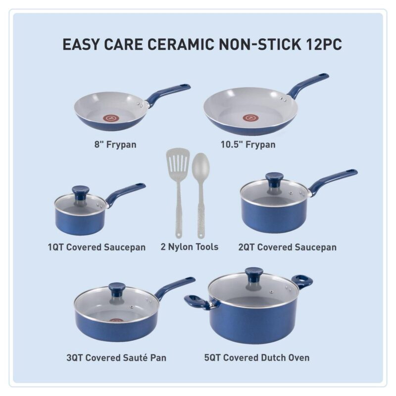T-fal Easy Care Ceramic Non-Stick, 12 Piece Pots and Pans Cookware Set, Blue - Image 2