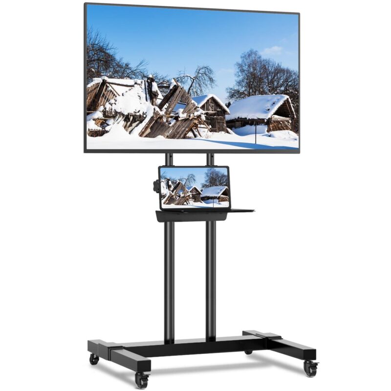 Tall Rolling TV Stand with Wheels for 32 to 85 Inch Flat Panel TVs Tilt, Black Mobile TV Cart