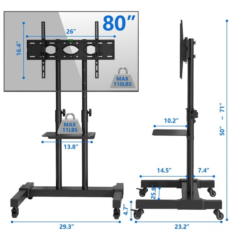 Tall Rolling TV Stand with Wheels for 32 to 85 Inch Flat Panel TVs Tilt, Black Mobile TV Cart - Image 5