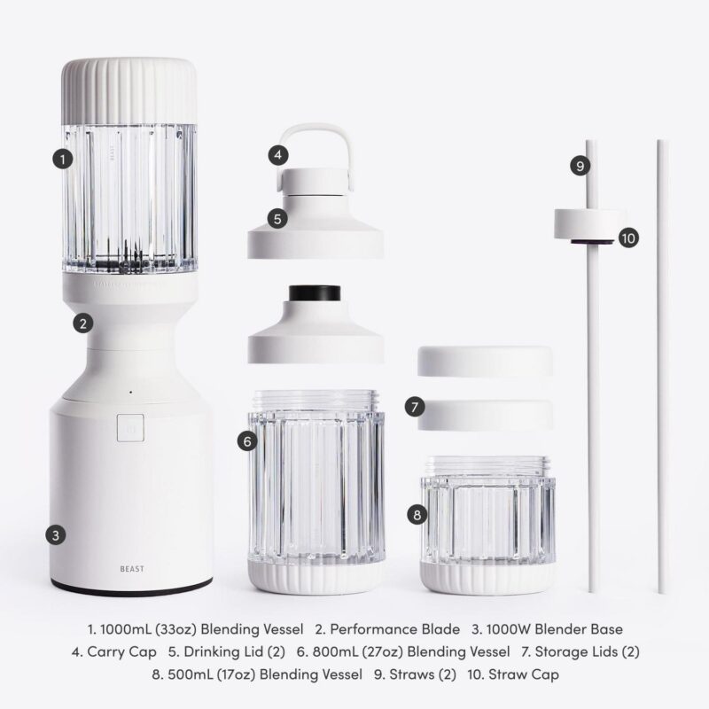 The Beast Blender; Personal Countertop Blending for Smoothies, Shakes, Food Prep and Frozen Fruits and Veggies; Extra Portable Vessels, Straw Cap and Straws Included; 1000W Motor (Cloud White) - Image 8