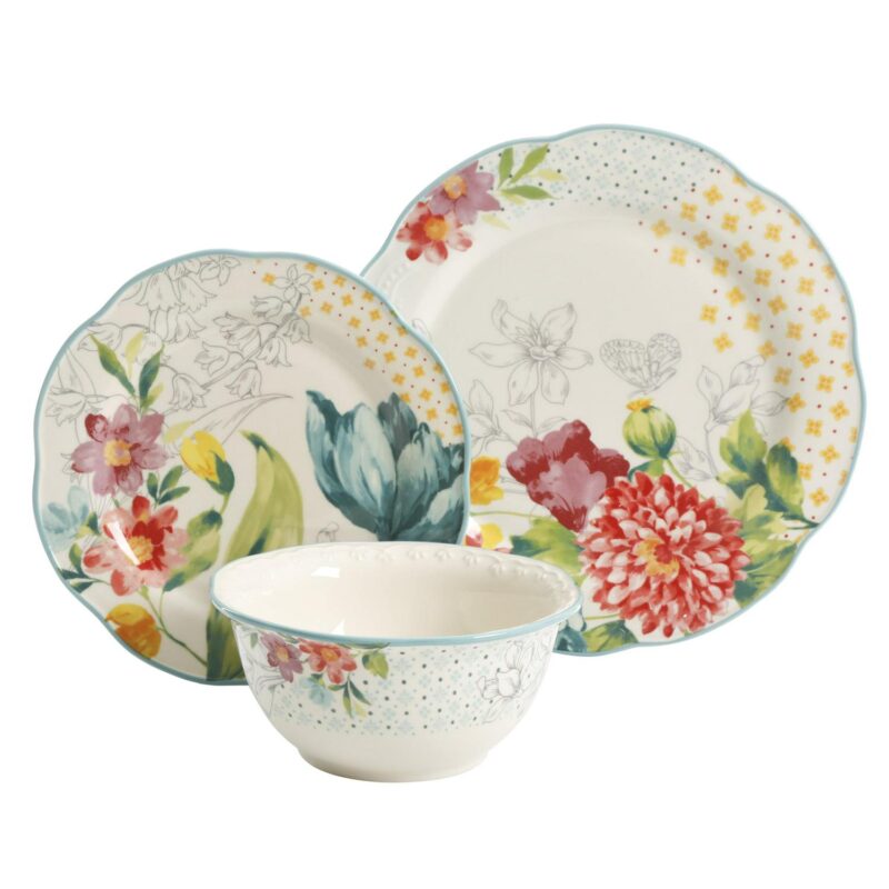 The Pioneer Woman Blooming Bouquet White Ceramic 12-Piece Dinnerware Set - Image 3