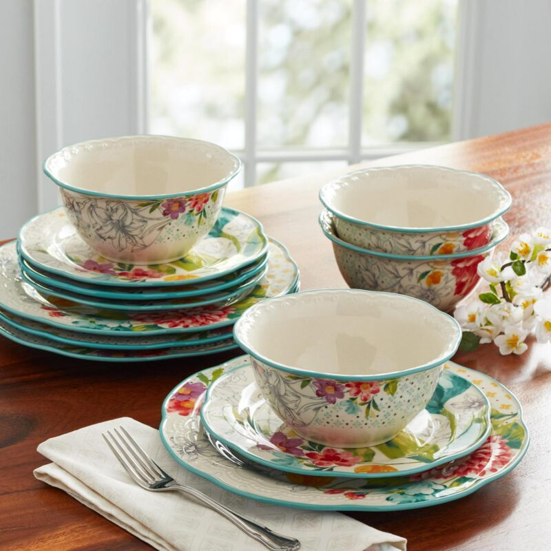 The Pioneer Woman Blooming Bouquet White Ceramic 12-Piece Dinnerware Set - Image 2