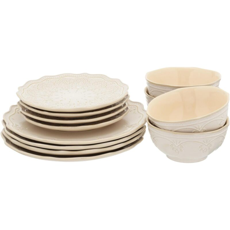 The Pioneer Woman Farmhouse Lace 12-Piece Dinnerware Set, Linen - Image 7