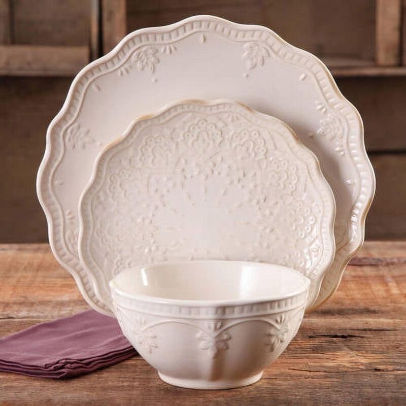 The Pioneer Woman Farmhouse Lace 12-Piece Dinnerware Set, Linen - Image 2