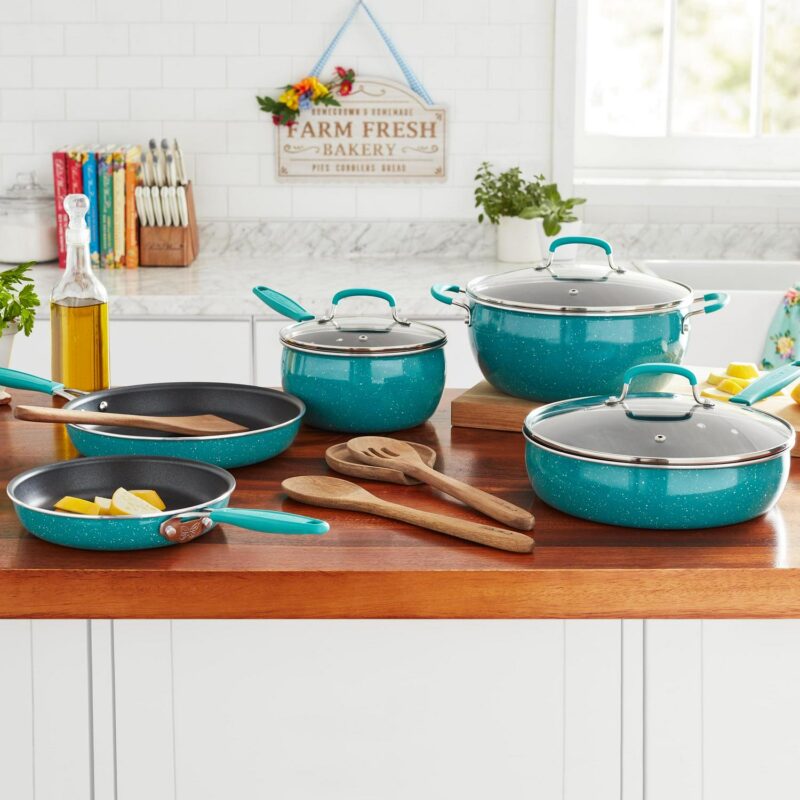 The Pioneer Woman Frontier Speckle 12-Piece Aluminum Cookware Set, Teal - Image 2