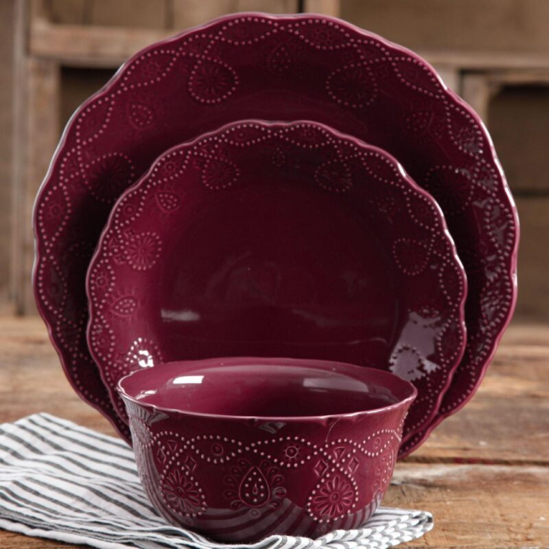The Pioneer Woman Lace 12-Piece Dinnerware Set, Plum - Image 2