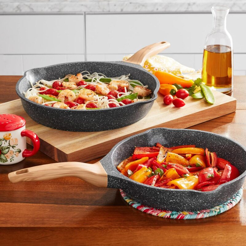 The Pioneer Woman Prairie Signature 2-Piece Cast Aluminum 10  and 12  Fry Pan Set, Charcoal Speckle - Image 2