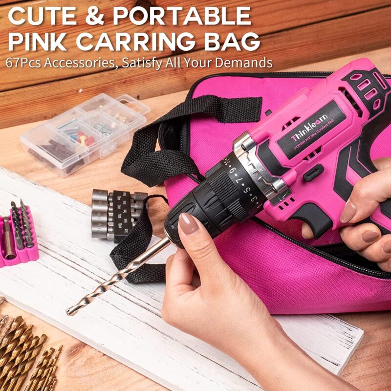 ThinkLearn Pink Cordless Drill Set, 20V Lithium-ion Power Drill Set for Women with 67Pcs Drill Driver Bits, 3/8 Keyless Chuck, 25+1 Position Electric Drill, 2.0Ah Battery, Fast Charger and Storage Bag - Image 2