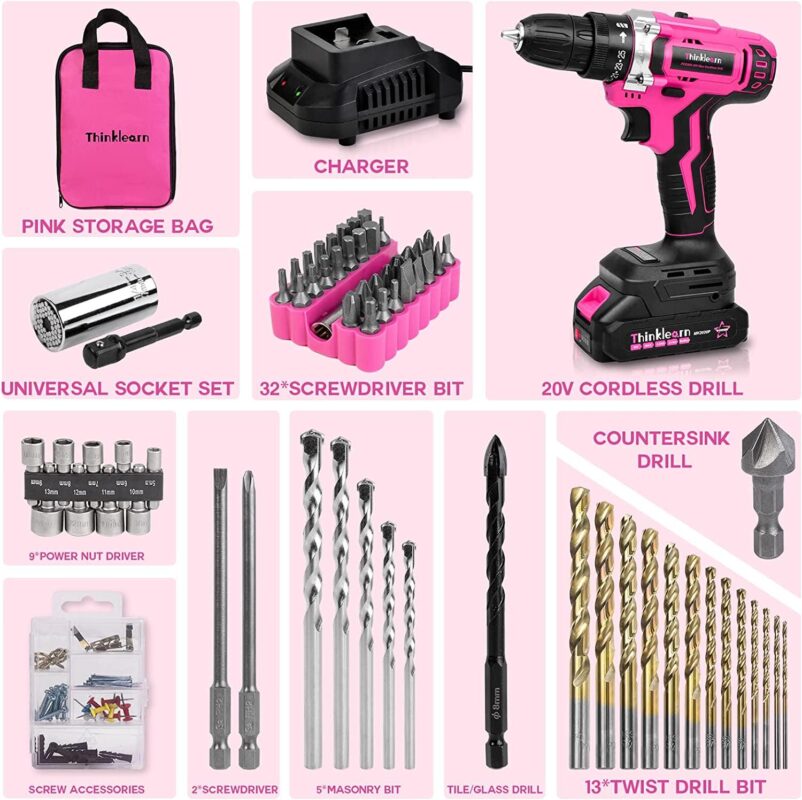 ThinkLearn Pink Cordless Drill Set, 20V Lithium-ion Power Drill Set for Women with 67Pcs Drill Driver Bits, 3/8 Keyless Chuck, 25+1 Position Electric Drill, 2.0Ah Battery, Fast Charger and Storage Bag - Image 9