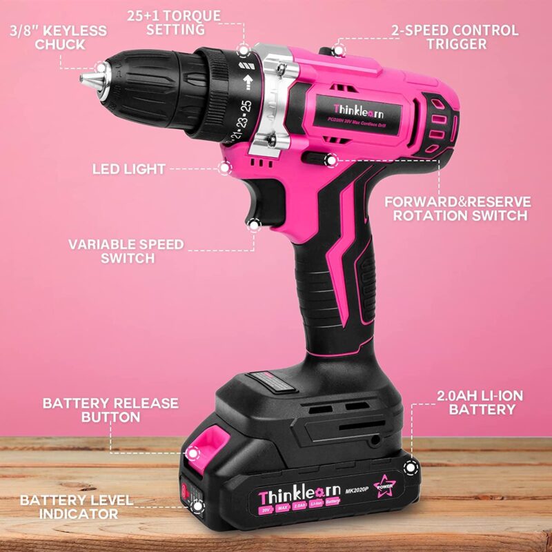 ThinkLearn Pink Cordless Drill Set, 20V Lithium-ion Power Drill Set for Women with 67Pcs Drill Driver Bits, 3/8 Keyless Chuck, 25+1 Position Electric Drill, 2.0Ah Battery, Fast Charger and Storage Bag - Image 7