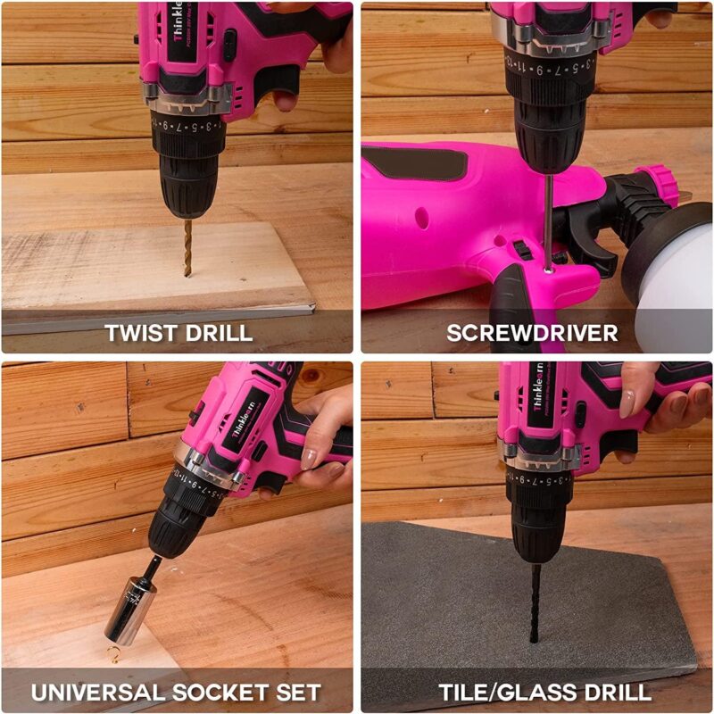 ThinkLearn Pink Cordless Drill Set, 20V Lithium-ion Power Drill Set for Women with 67Pcs Drill Driver Bits, 3/8 Keyless Chuck, 25+1 Position Electric Drill, 2.0Ah Battery, Fast Charger and Storage Bag - Image 5