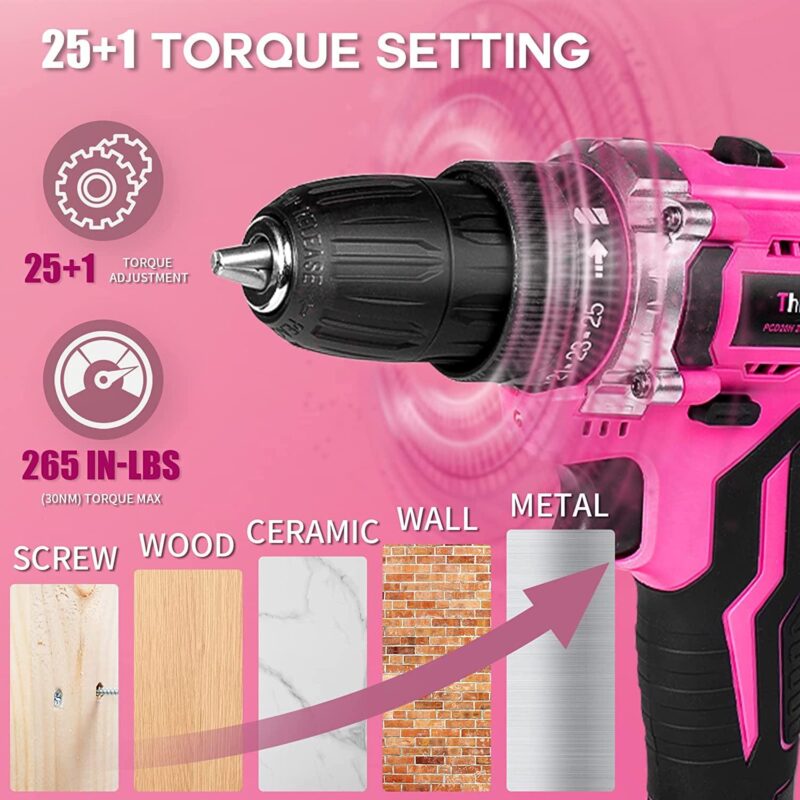 ThinkLearn Pink Cordless Drill Set, 20V Lithium-ion Power Drill Set for Women with 67Pcs Drill Driver Bits, 3/8 Keyless Chuck, 25+1 Position Electric Drill, 2.0Ah Battery, Fast Charger and Storage Bag - Image 4