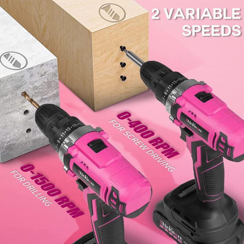 ThinkLearn Pink Cordless Drill Set, 20V Lithium-ion Power Drill Set for Women with 67Pcs Drill Driver Bits, 3/8 Keyless Chuck, 25+1 Position Electric Drill, 2.0Ah Battery, Fast Charger and Storage Bag - Image 8