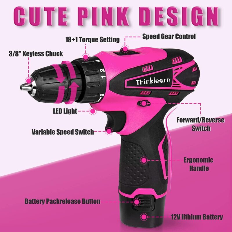 ThinkLearn Pink Drill Set for Women, 137 Piece Hand and Power Tool Set with 12V Cordless Drill - Image 2