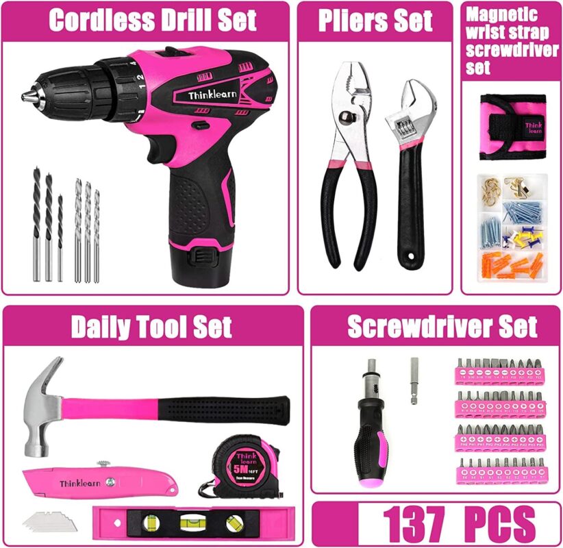 ThinkLearn Pink Drill Set for Women, 137 Piece Hand and Power Tool Set with 12V Cordless Drill - Image 3