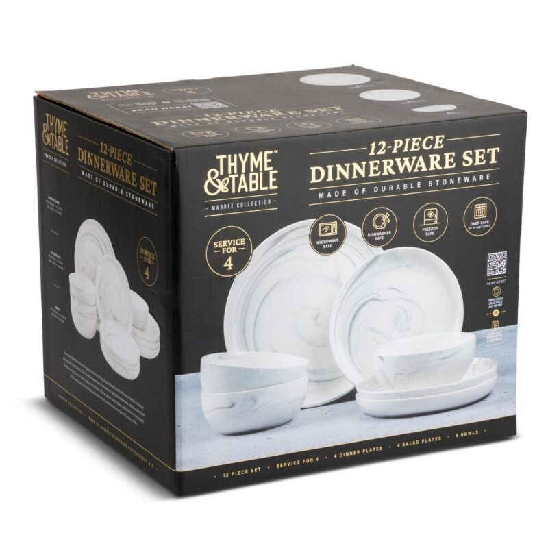 Thyme and Table 12-Piece Stoneware Dinnerware Set, Grey Marble Collection - Image 2