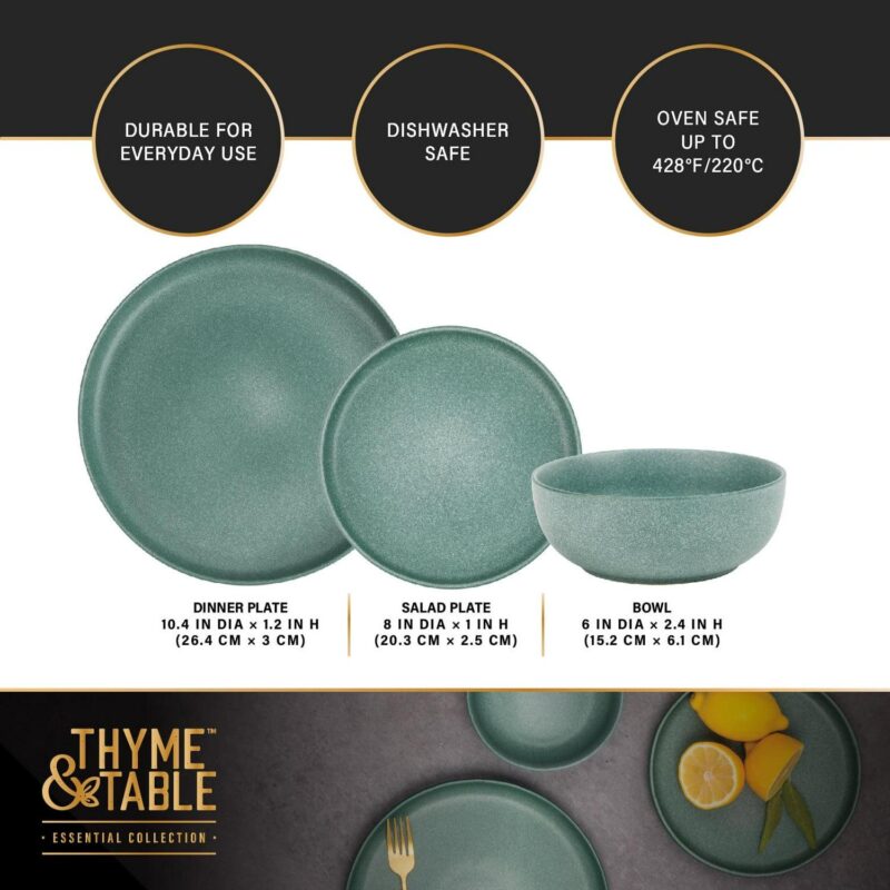 Thyme and Table 12-Piece Stoneware Dinnerware Set, Caspian Green Collection - Image 4