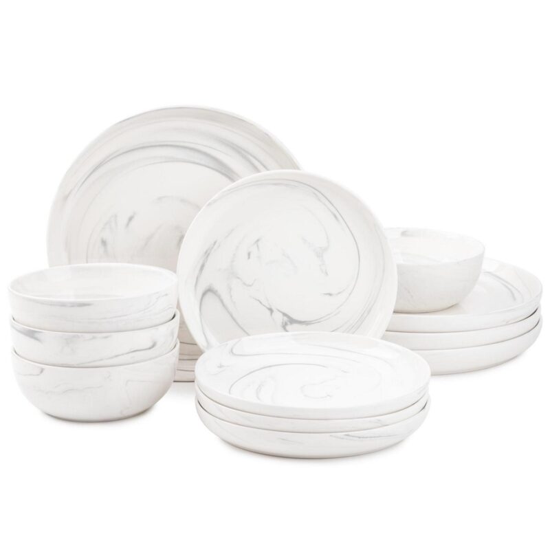 Thyme and Table 12-Piece Stoneware Dinnerware Set, Grey Marble Collection