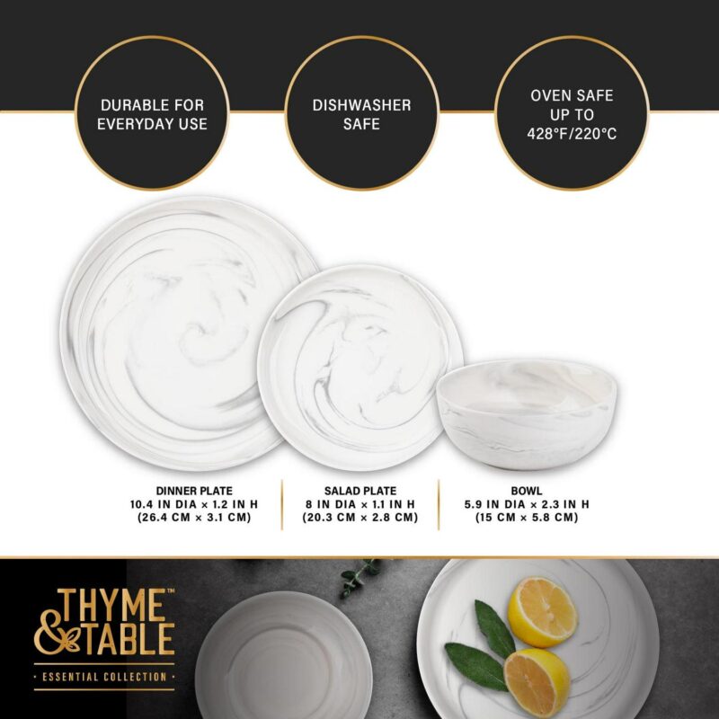 Thyme and Table 12-Piece Stoneware Dinnerware Set, Grey Marble Collection - Image 4