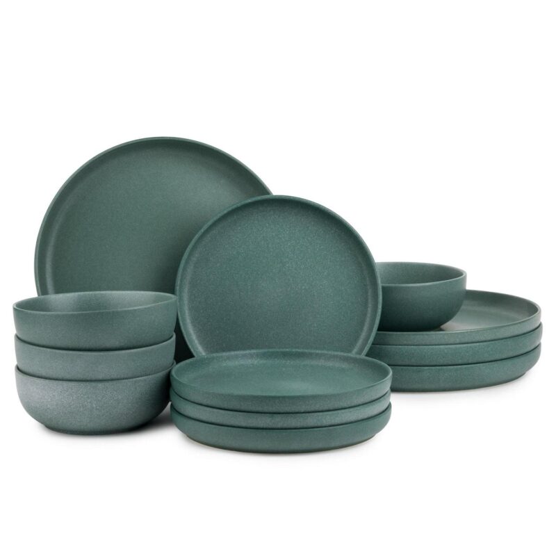 Thyme and Table 12-Piece Stoneware Dinnerware Set, Caspian Green Collection