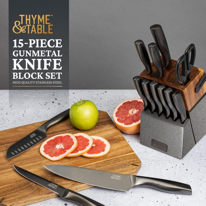Thyme and Table 15-Piece Knife Block set with Sharpener, Gunmetal - Image 3