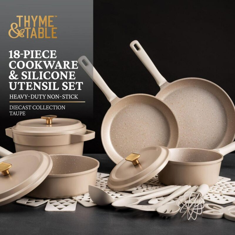 Thyme and Table Diecast 18-Piece Cookware and Silicone Utensil Set Non-Stick - Cream - Image 3