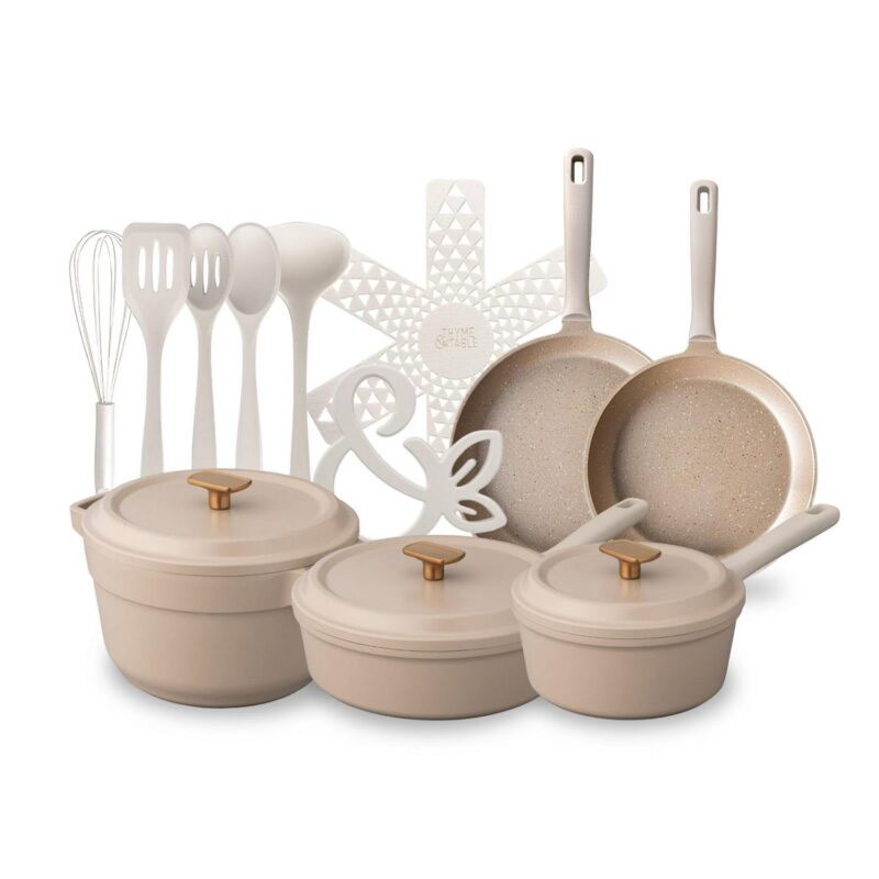 Thyme and Table Diecast 18-Piece Cookware and Silicone Utensil Set Non-Stick - Cream