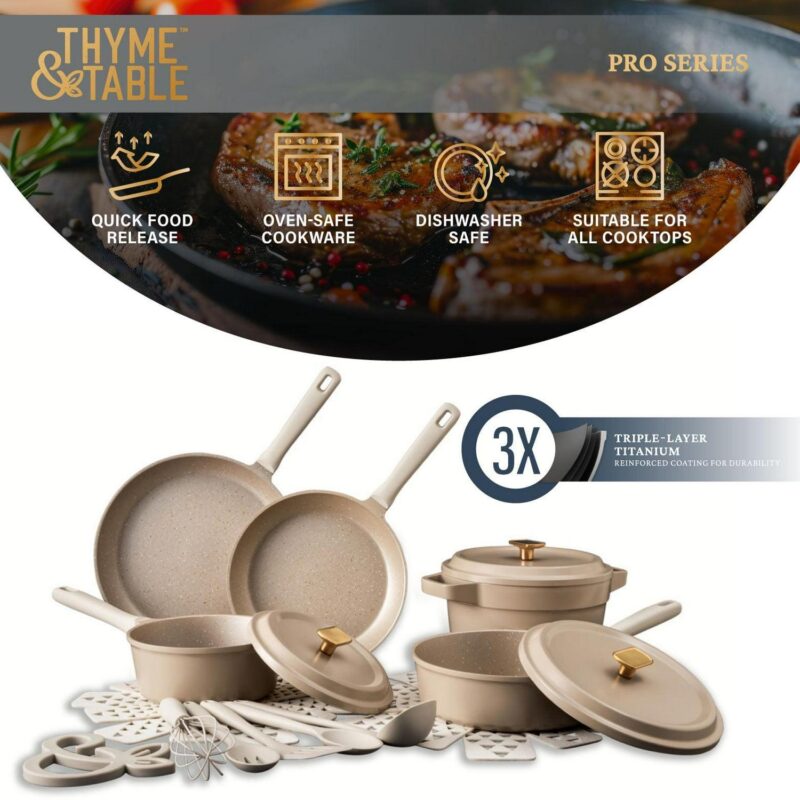 Thyme and Table Diecast 18-Piece Cookware and Silicone Utensil Set Non-Stick - Cream - Image 5