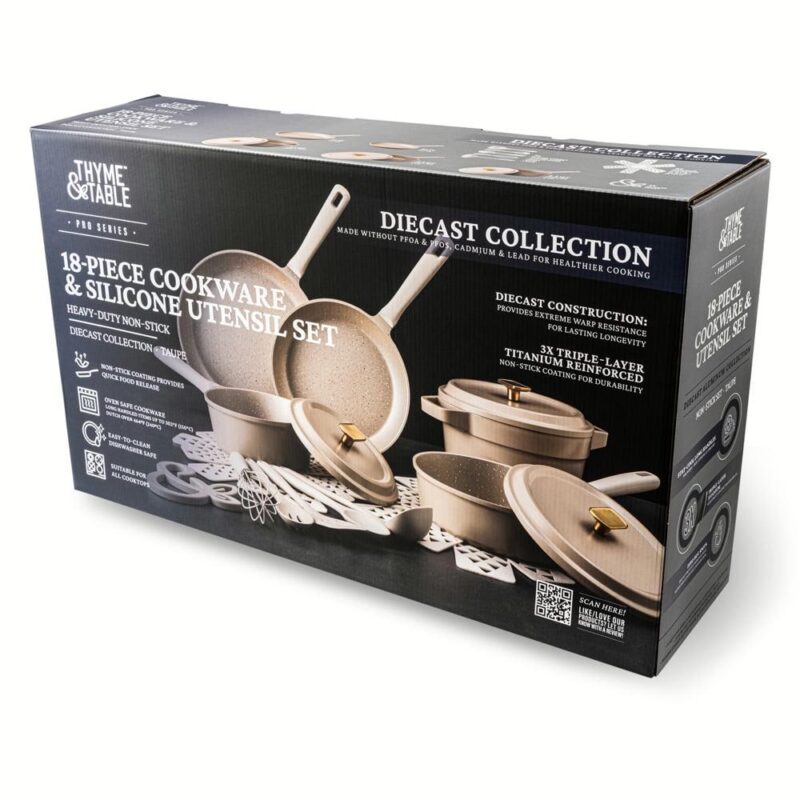 Thyme and Table Diecast 18-Piece Cookware and Silicone Utensil Set Non-Stick - Cream - Image 2
