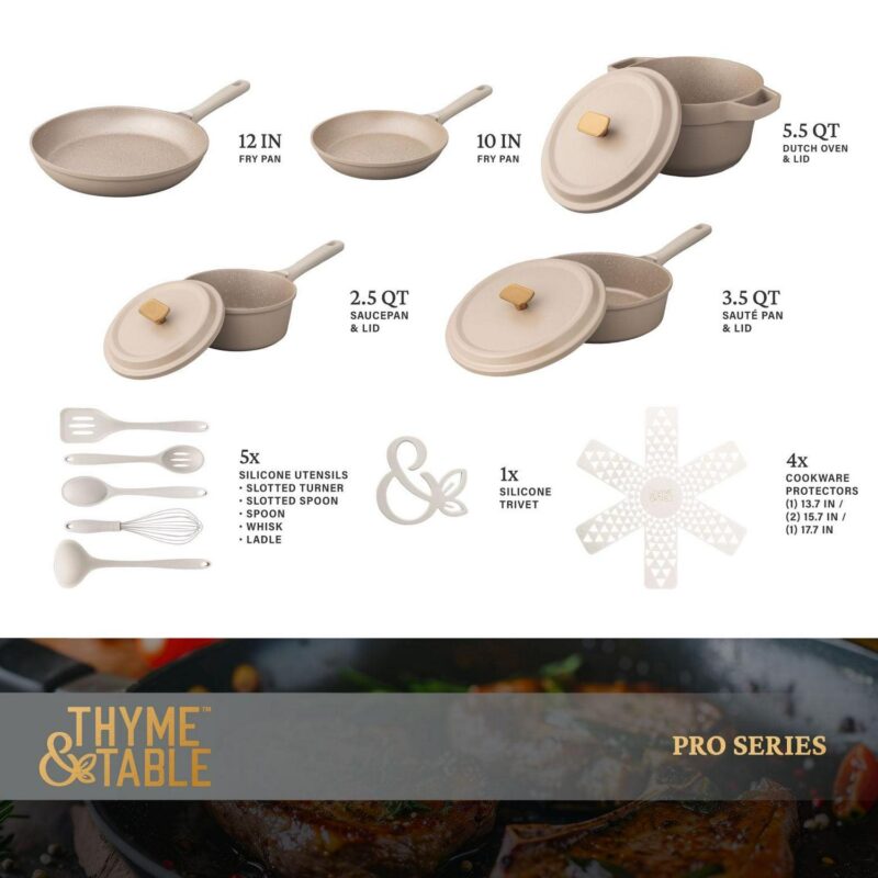 Thyme and Table Diecast 18-Piece Cookware and Silicone Utensil Set Non-Stick - Cream - Image 4