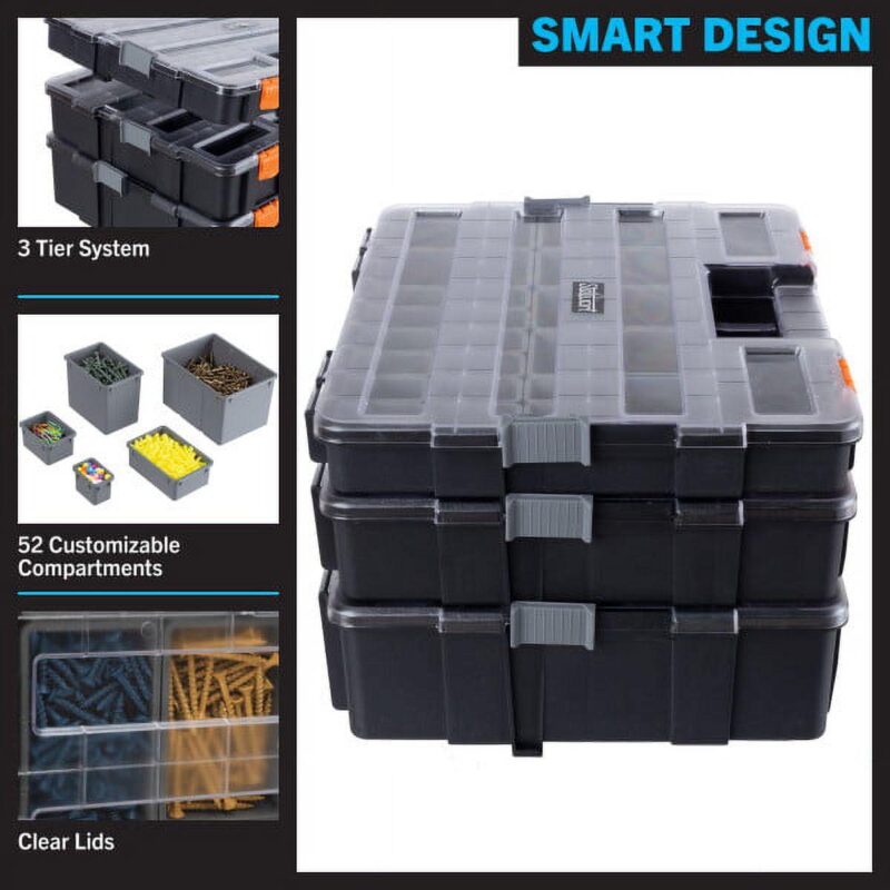 Tool Box Organizer - 3-in-1 Portable Parts Organizer with 52 Customizable Compartments to Store Hardware, Craft Supplies, or Beads by Stalwart (Gray) - Image 3