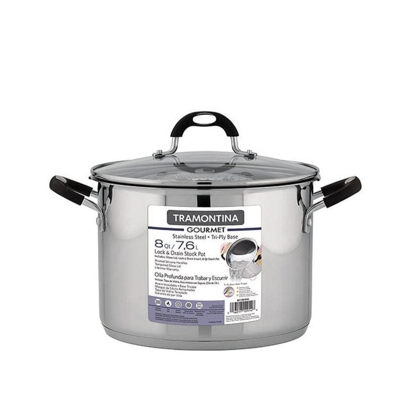 Tramontina 8-Quart Gourmet Stainless-Steel Covered Stock Pot with Lock and Drain - Image 2