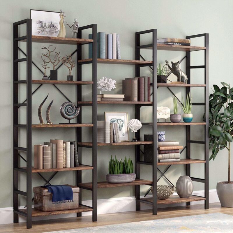 TribeSigns Triple Wide 5-Shelf Bookcase, Etagere Large Open Bookshelf Vintage Industrial Style Shelves Wood and Metal Bookcases Furniture for Home and Office