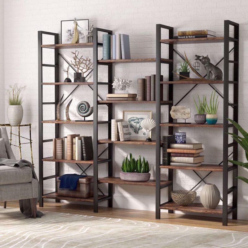TribeSigns Triple Wide 5-Shelf Bookcase, Etagere Large Open Bookshelf Vintage Industrial Style Shelves Wood and Metal Bookcases Furniture for Home and Office - Image 3