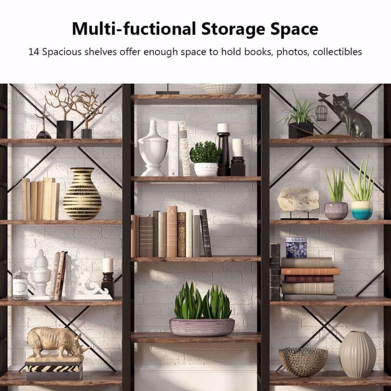 TribeSigns Triple Wide 5-Shelf Bookcase, Etagere Large Open Bookshelf Vintage Industrial Style Shelves Wood and Metal Bookcases Furniture for Home and Office - Image 5