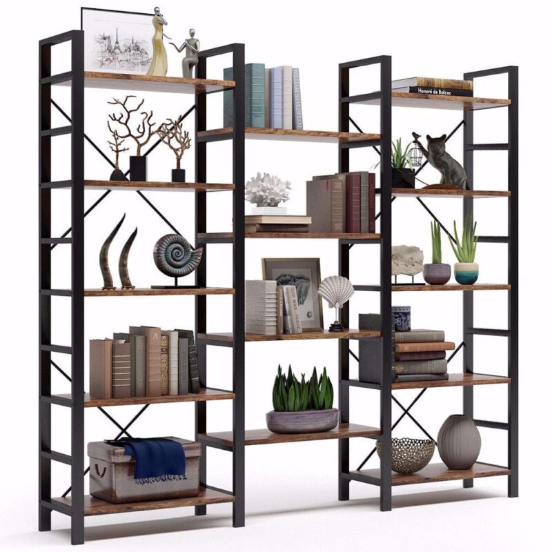 TribeSigns Triple Wide 5-Shelf Bookcase, Etagere Large Open Bookshelf Vintage Industrial Style Shelves Wood and Metal Bookcases Furniture for Home and Office - Image 2