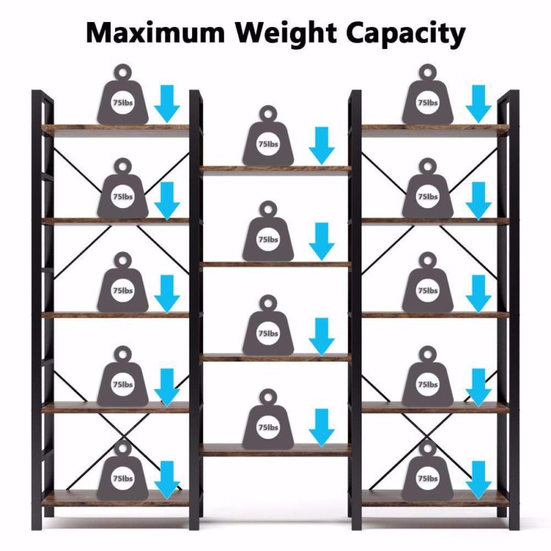 TribeSigns Triple Wide 5-Shelf Bookcase, Etagere Large Open Bookshelf Vintage Industrial Style Shelves Wood and Metal Bookcases Furniture for Home and Office - Image 7