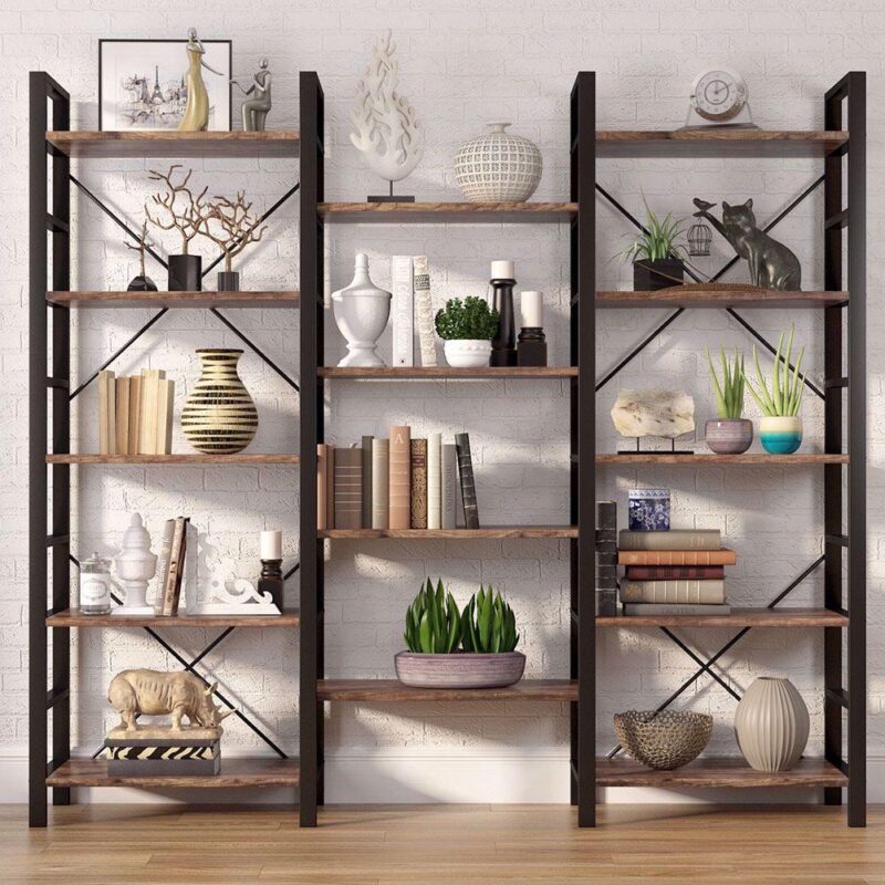 TribeSigns Triple Wide 5-Shelf Bookcase, Etagere Large Open Bookshelf Vintage Industrial Style Shelves Wood and Metal Bookcases Furniture for Home and Office - Image 4