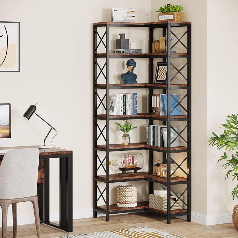 Tribesigns 7-Shelf Corner Bookshelf,Large Modern Corner Bookcase with Metal Frame for Living Room Home Office - Image 4