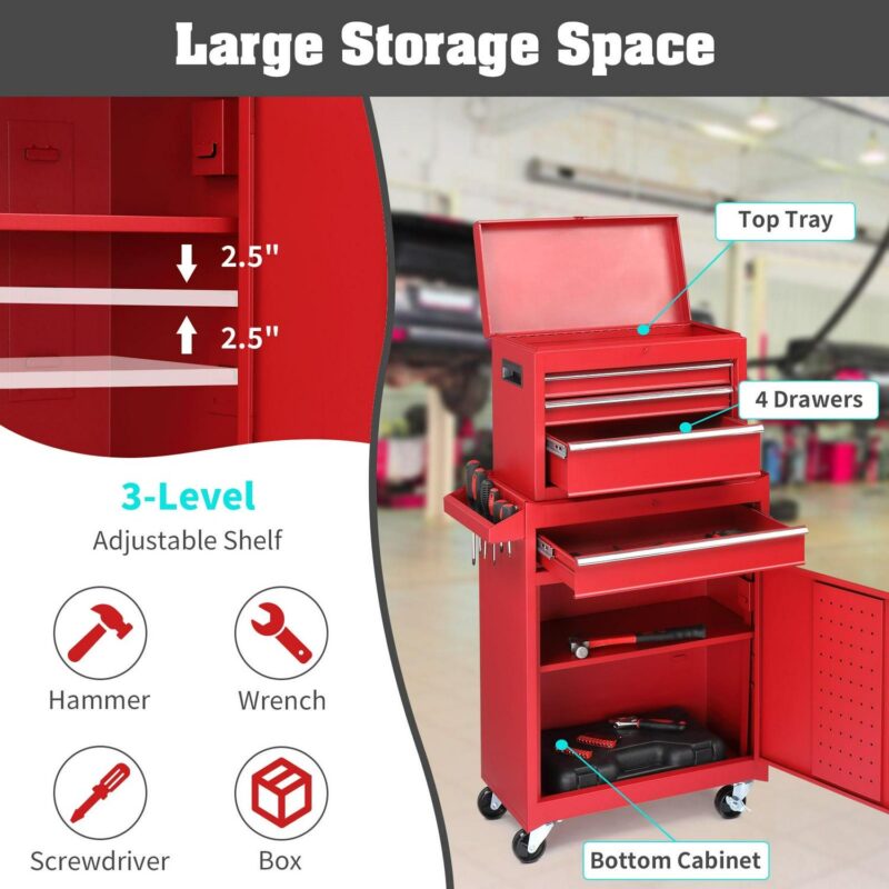 UBesGoo 2 in 1 Rolling Tool Chest Cabinet Tool Storage Cabinet, 4-Drawers - Image 6