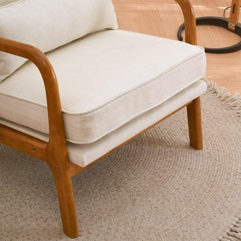 UBesGoo Modern Arm Chair Linen Fabric Upholstered Comfy Reading Accent Chair with Solid Wood Frame Beige - Image 5