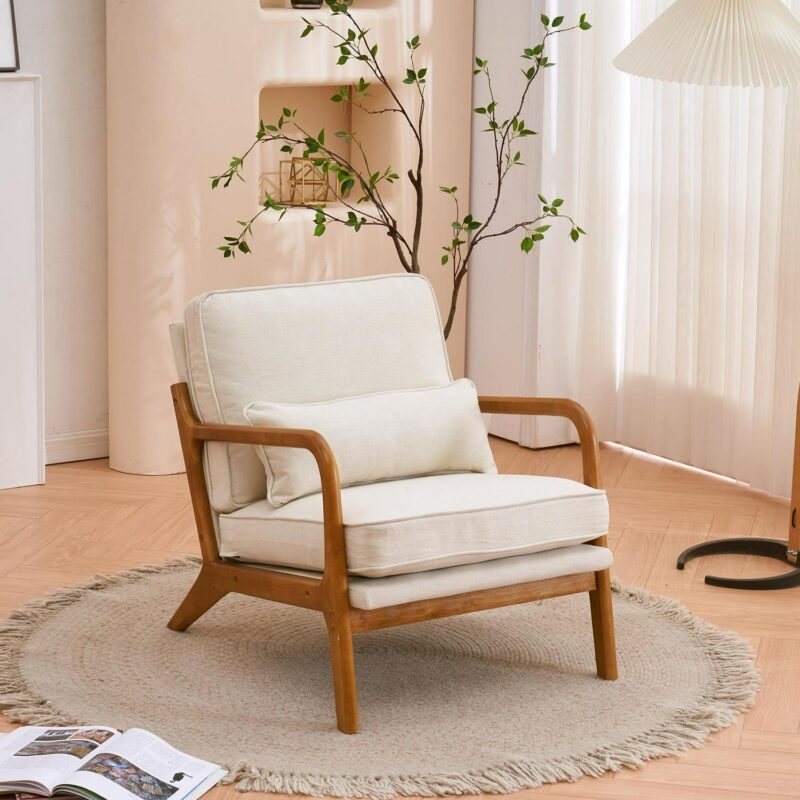 UBesGoo Modern Arm Chair Linen Fabric Upholstered Comfy Reading Accent Chair with Solid Wood Frame Beige - Image 13