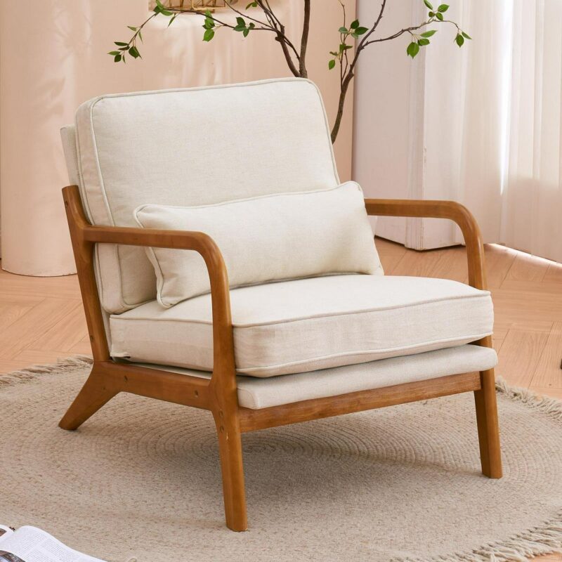 UBesGoo Modern Arm Chair Linen Fabric Upholstered Comfy Reading Accent Chair with Solid Wood Frame Beige