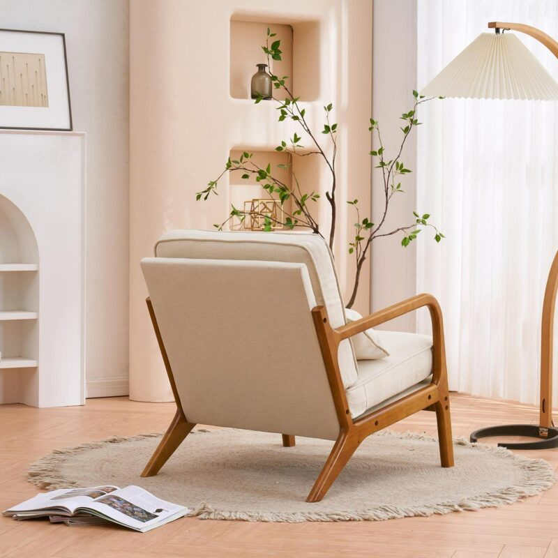 UBesGoo Modern Arm Chair Linen Fabric Upholstered Comfy Reading Accent Chair with Solid Wood Frame Beige - Image 9