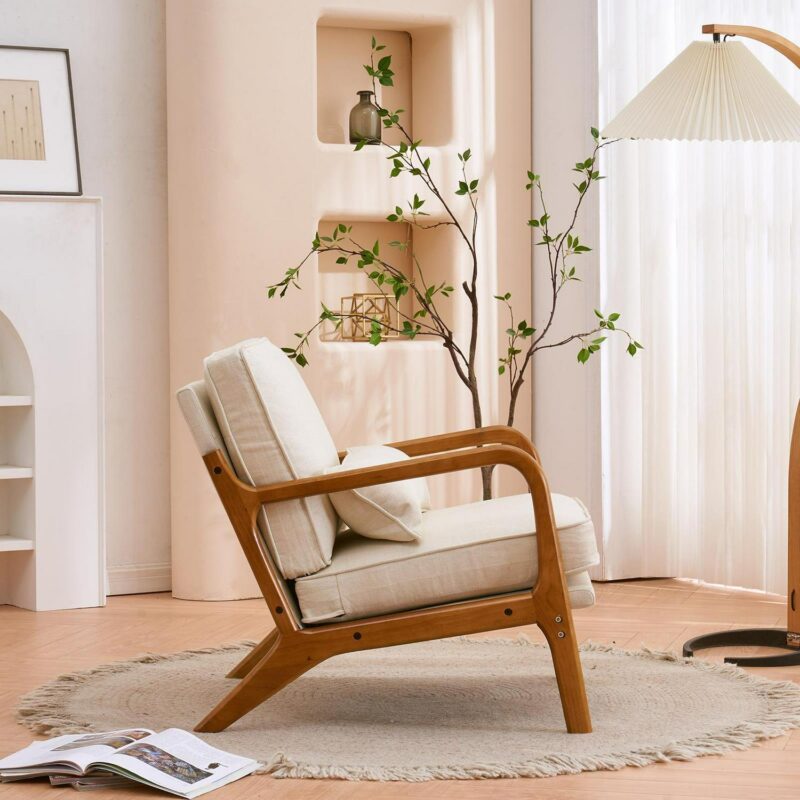 UBesGoo Modern Arm Chair Linen Fabric Upholstered Comfy Reading Accent Chair with Solid Wood Frame Beige - Image 6