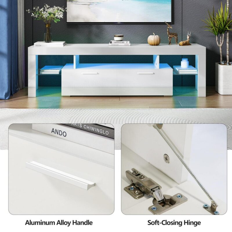 UHOMEPRO TV Stand for TV up to 70 , Living Room Entertainment Center with RGB LED Lights and Storage Shelves Furniture, White High Gloss TV Cabinet Console Table - Image 9